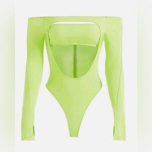 MUGLER X H&M Acid Green Lime Cut Out LS Bodysuit Body Suit Avantgarde Sz XS